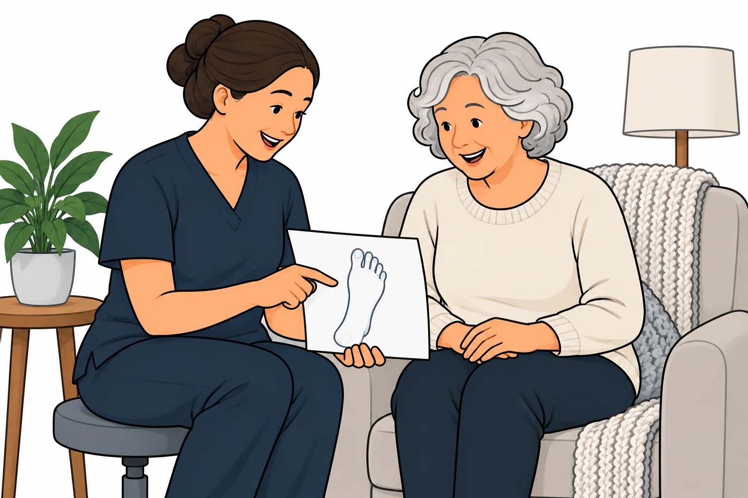 Illustration of a nurse discussing a footcare plan with a client.