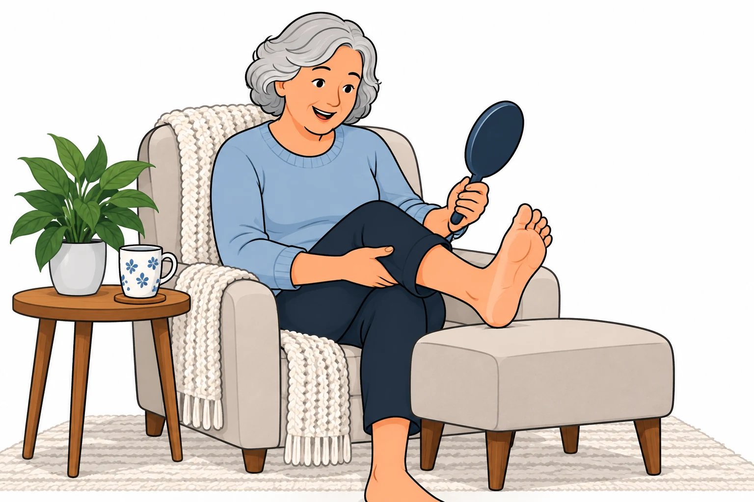 Illustration of a seated adult using a mirror to inspect the sole of a foot.