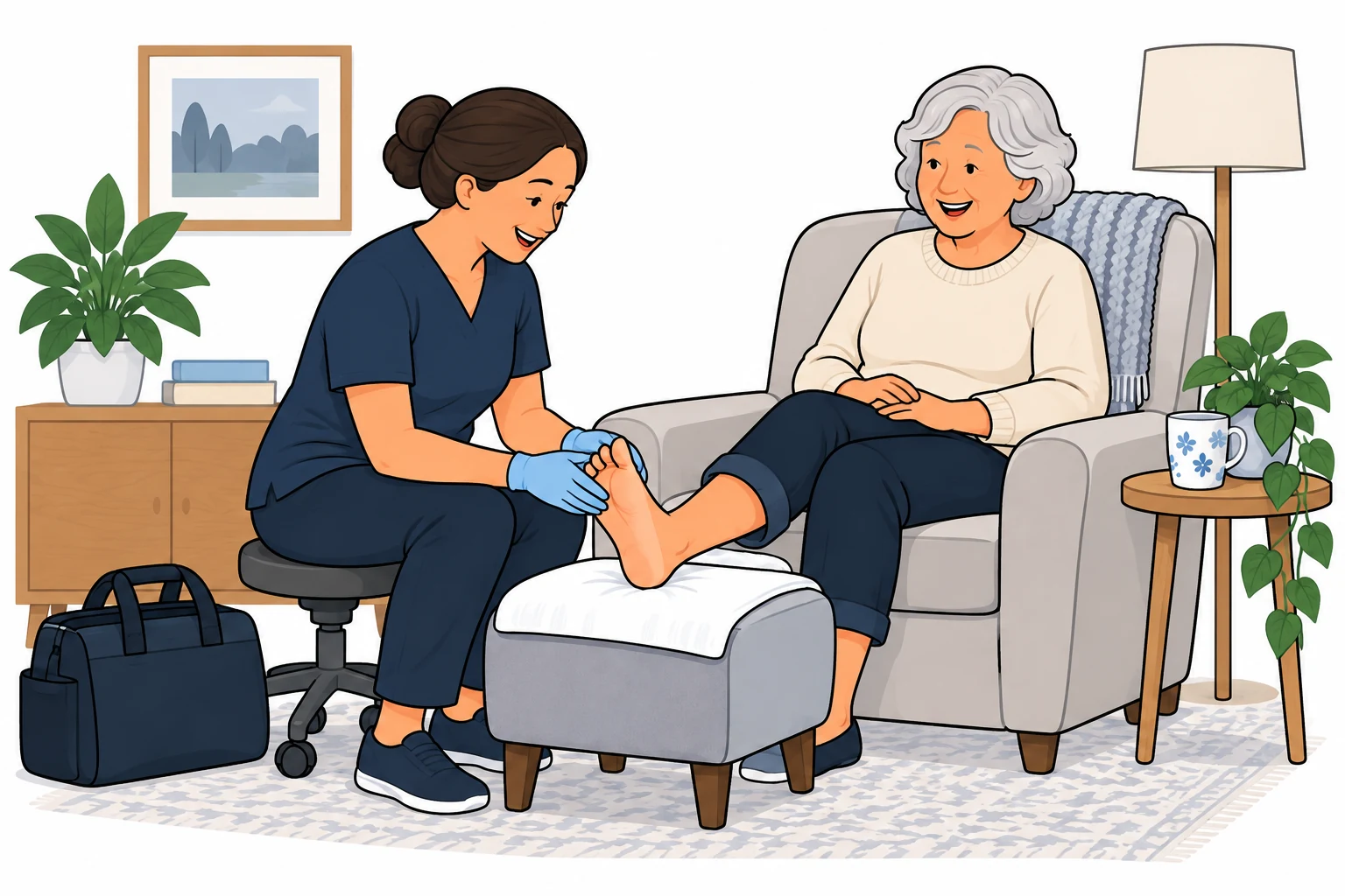 Illustration of a nurse assessing a client’s foot during a home visit.