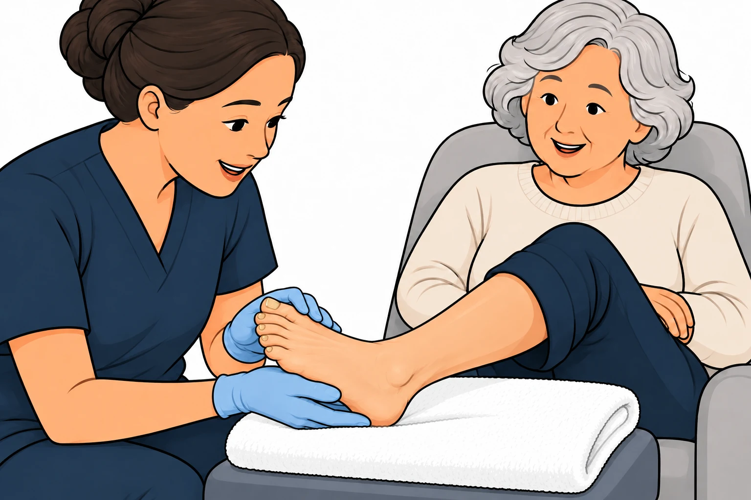 Illustration of gloved hands supporting a foot while its toenails are assessed.