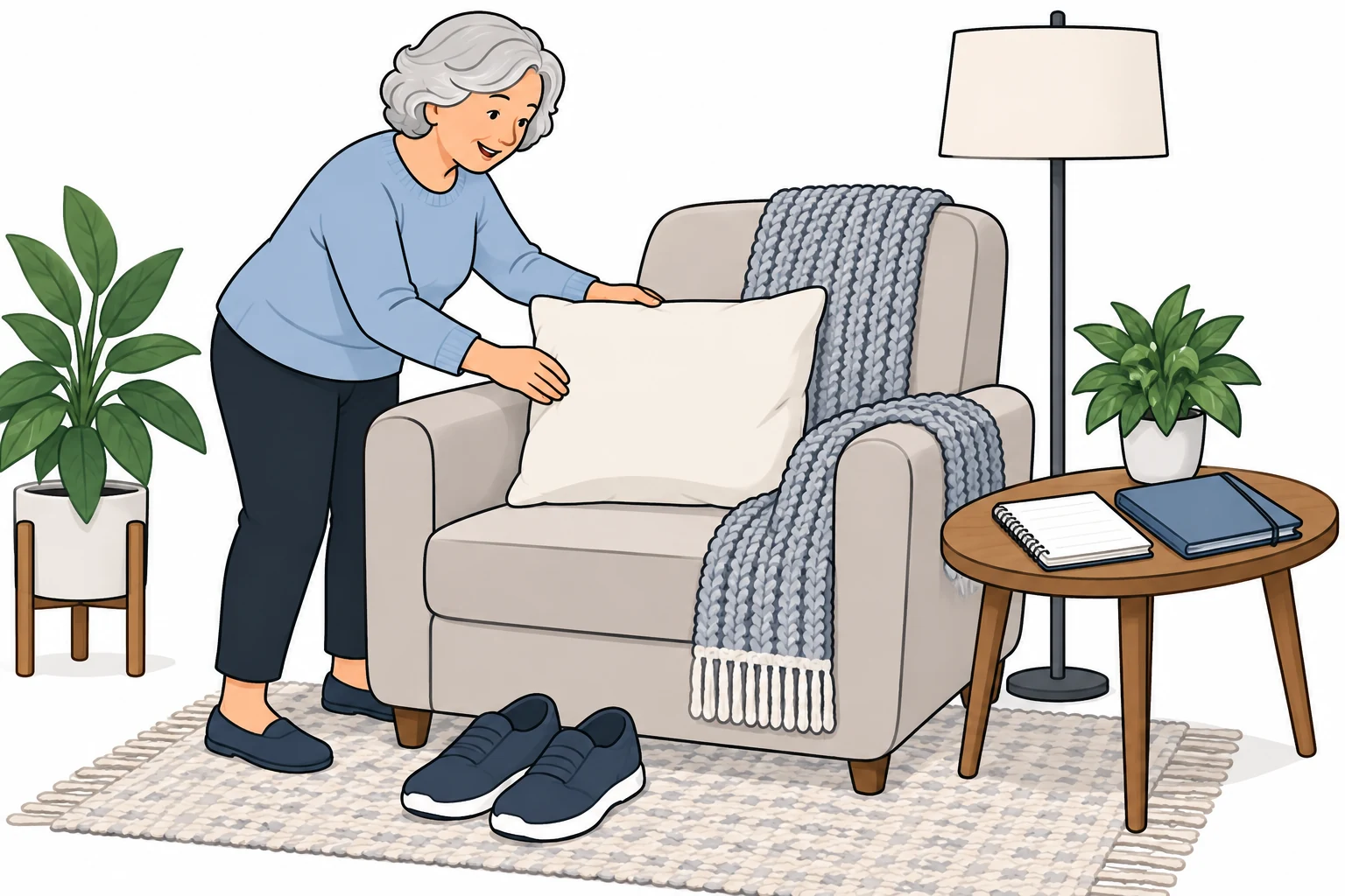 Illustration of an older adult preparing a chair and information for a home visit.