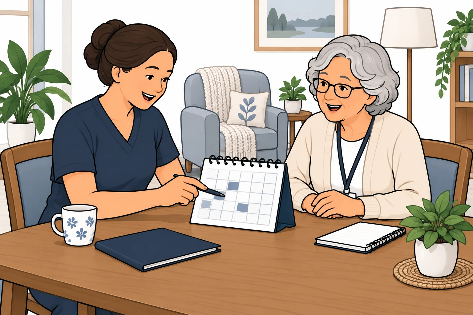 Illustration of a nurse and residence coordinator discussing a clinic calendar.